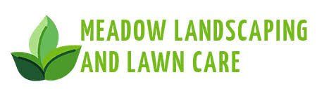 Meadow Landscaping and Lawn Care logo with green leaves and text on white background